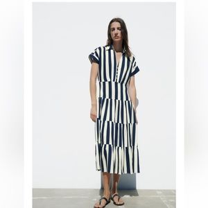 BNWT!!! Zara Linen Navy & White Striped Midi Dress - XS!